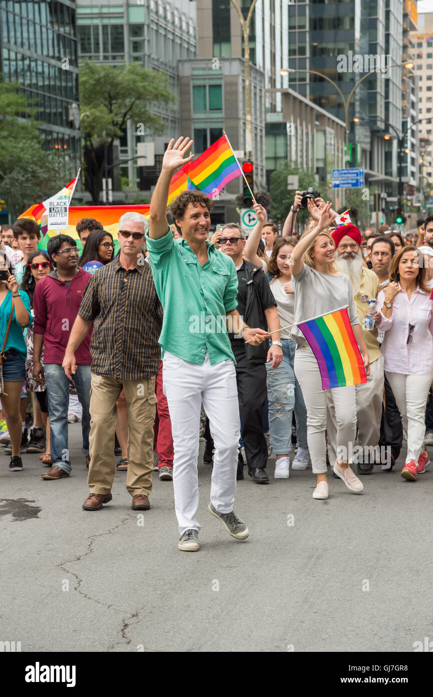 Montréal, Canada. 14 août, 2016. Le premier ministre du Canada, Justin Trudeau prend part au défilé de la fierté Montréal. Banque D'Images