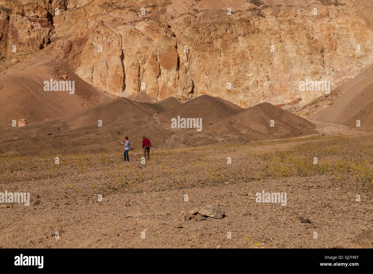 Les touristes visitant la collines volcaniques et sédimentaires près de la palette de l'artiste dans la Death Valley National Park, California, USA Banque D'Images
