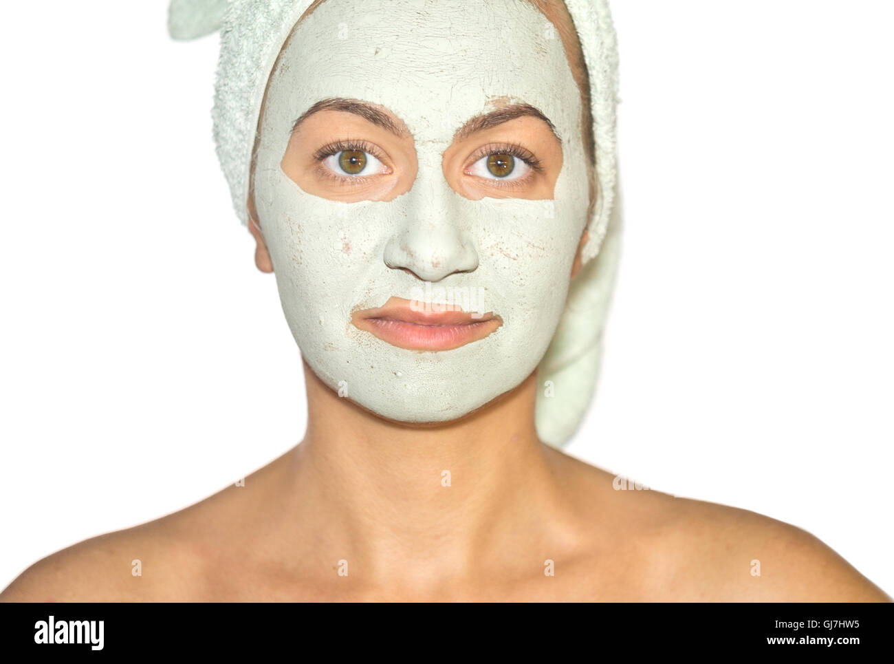 Jeune femme avec un masque isolé sur fond blanc Banque D'Images