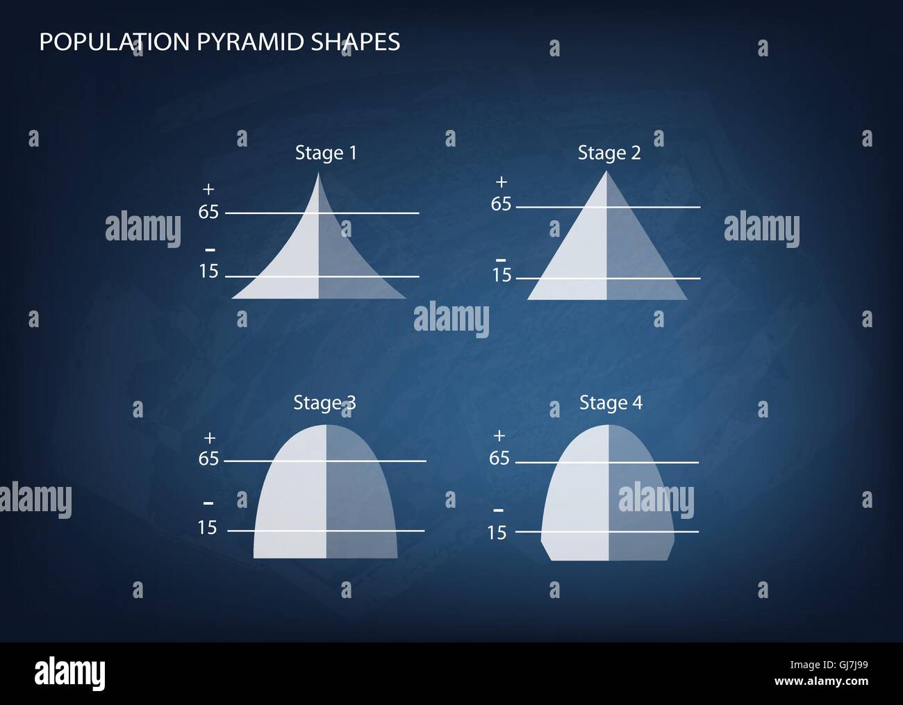Population et démographie, Illustration Set de 4 types de pyramides des âges ou graphique graphique on Chalkboard Background Illustration de Vecteur