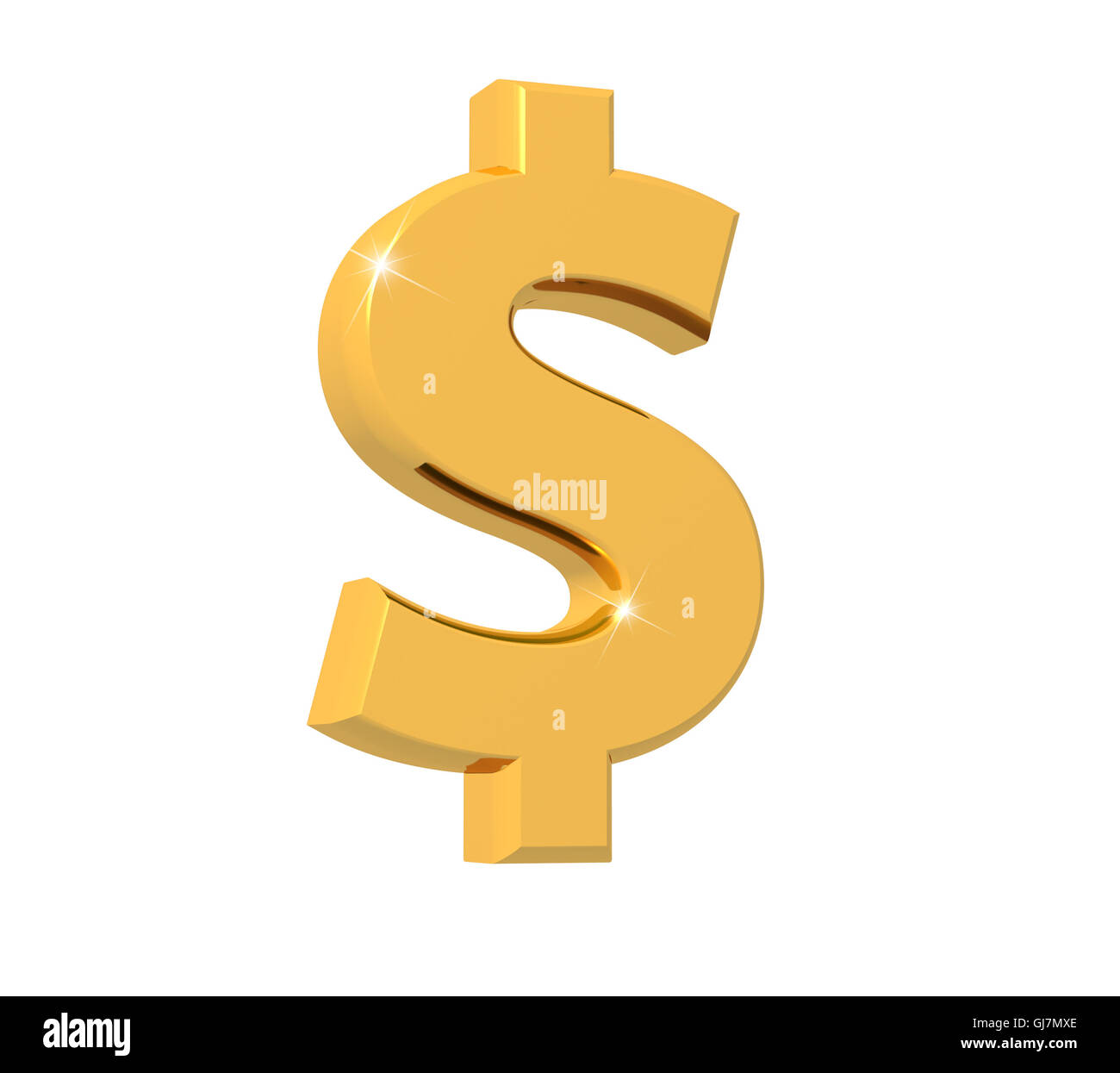 Le rendu 3D du symbole du dollar US en or étincelant avec réflexion isolé sur fond blanc. Banque D'Images
