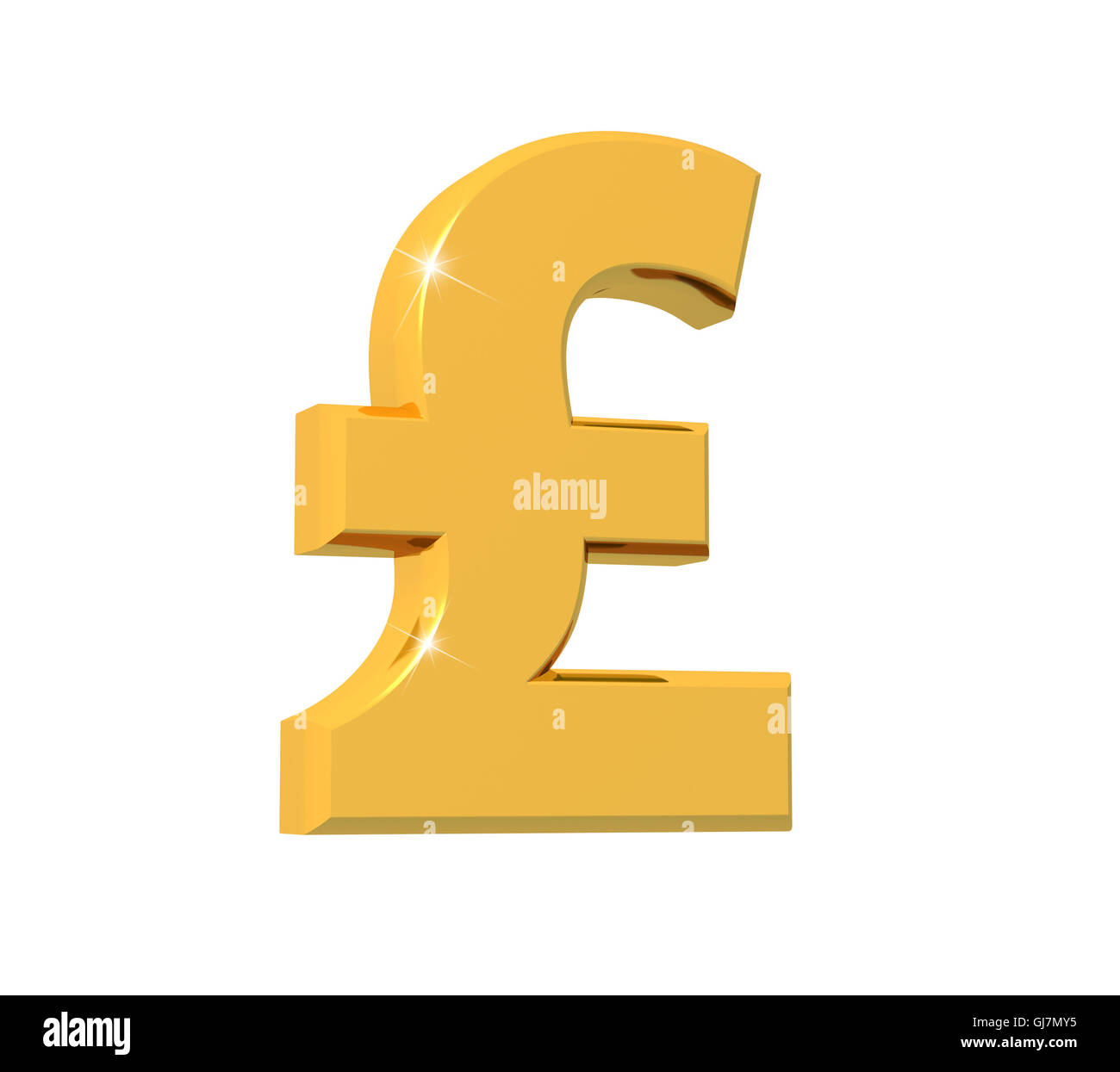 Le rendu 3D de Sterling Pound Symbol made de l'or étincelant avec réflexion isolé sur fond blanc. Banque D'Images