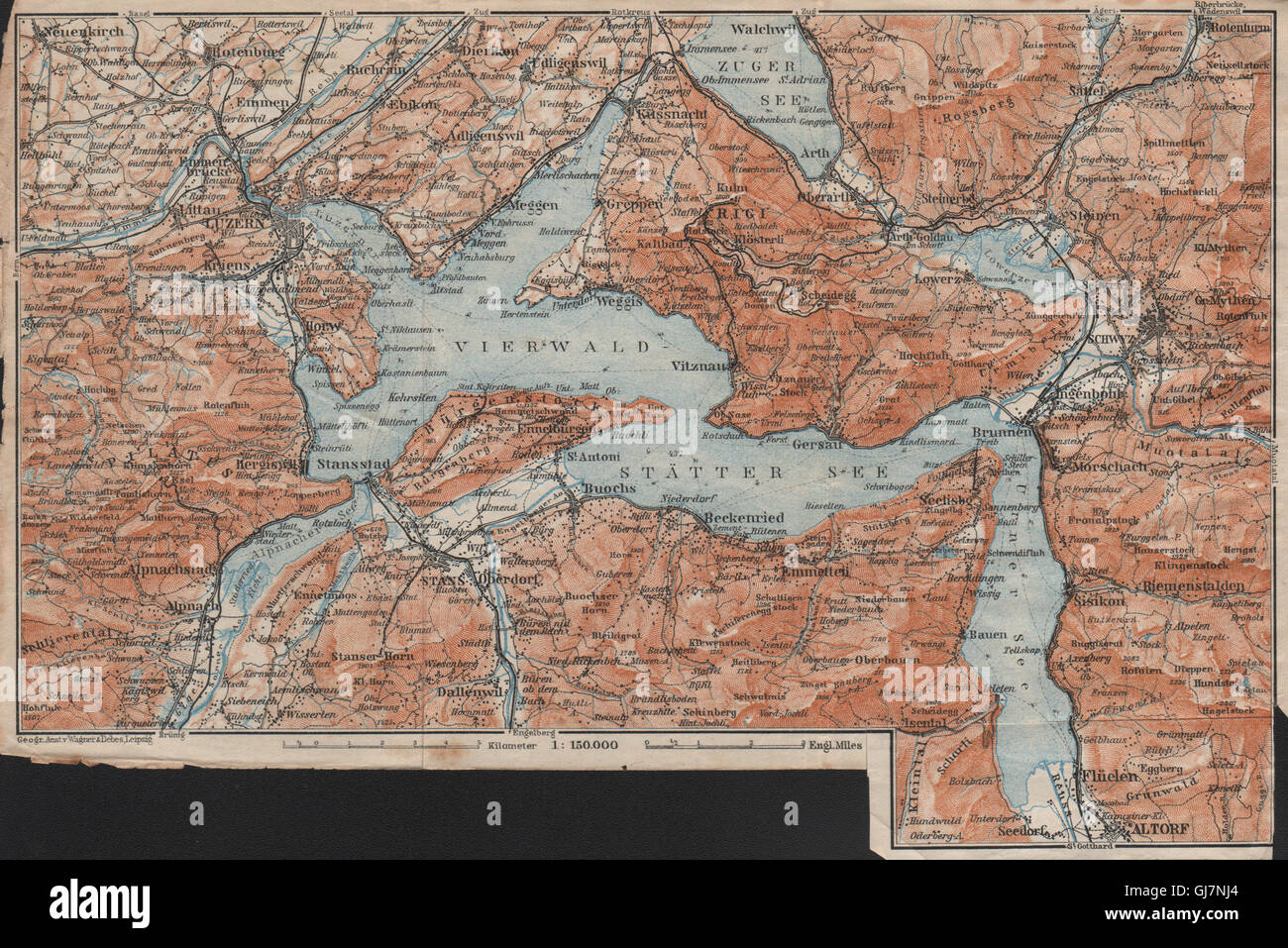 Le lac de Lucerne Vierwaldstättersee. Luzern Stans Weggis Brunnen Morschach, 1922 map Banque D'Images