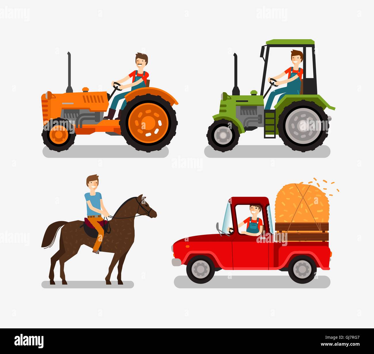 Farm icons set. Caricature des symboles comme le tracteur, chariot, cheval, agriculteur. Vector illustration Illustration de Vecteur