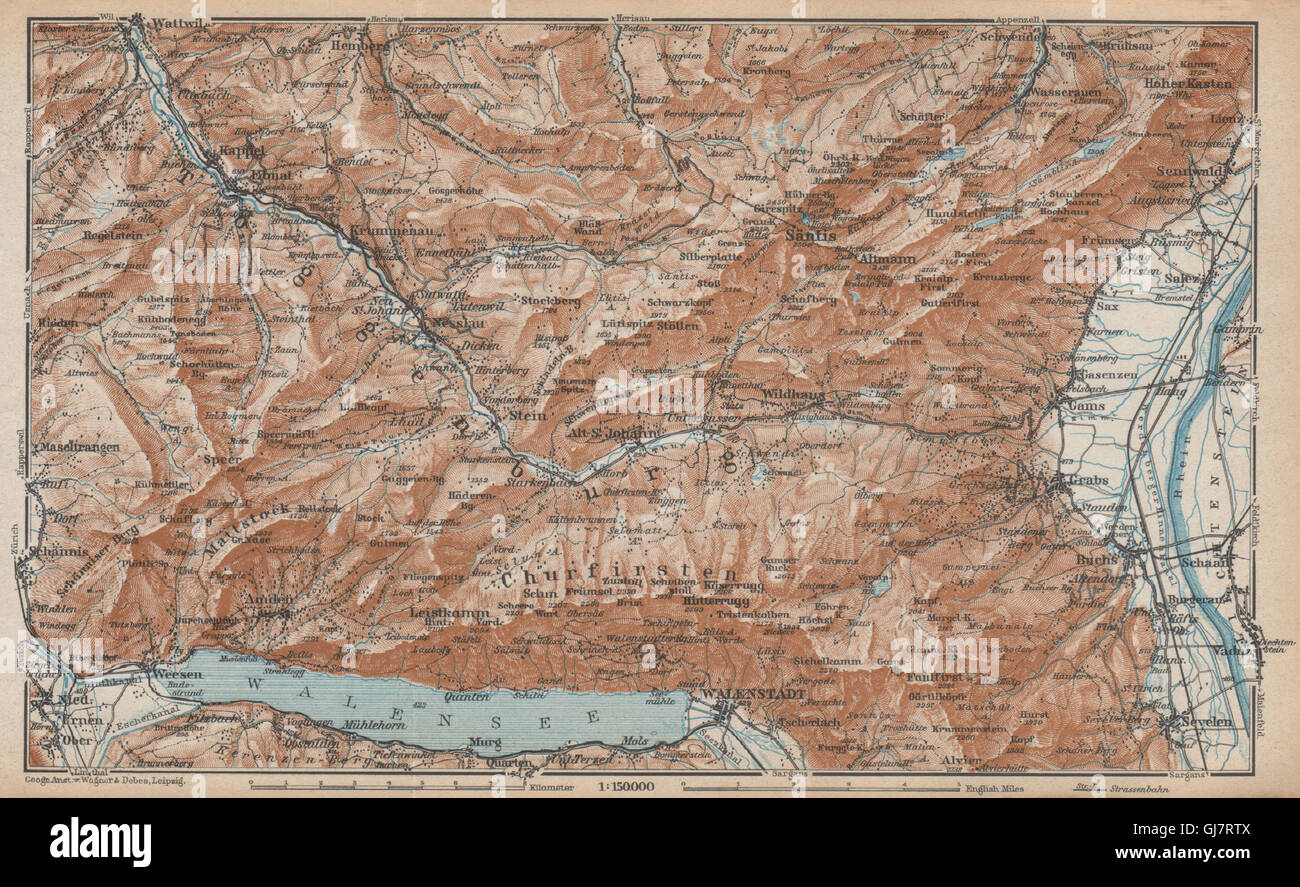 Vallée de la Thur.Toggenburg Unterwasser Säntis Alt St Johann Unterwasser, 1938 map Banque D'Images