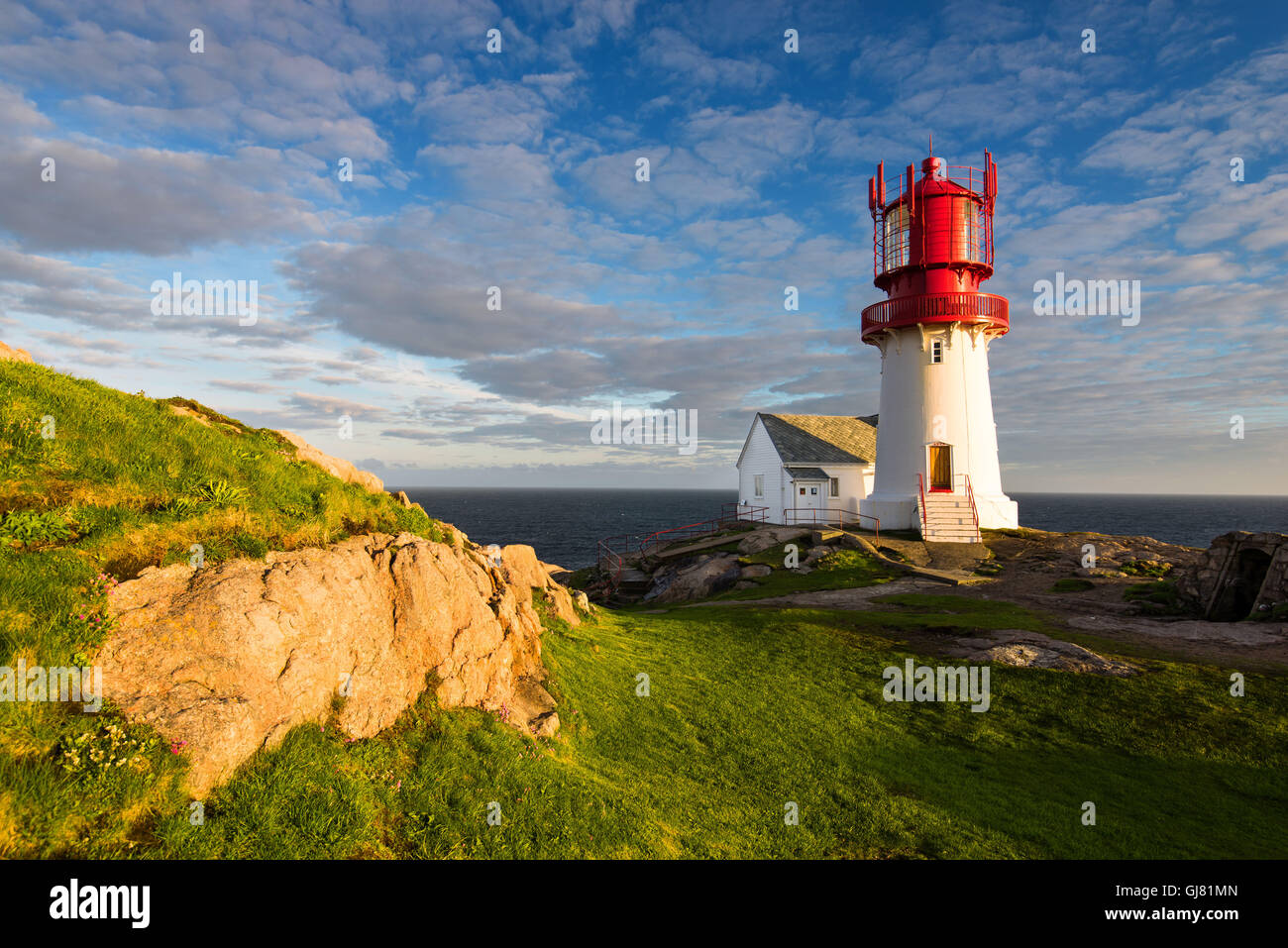 Le coucher du soleil, phare, Lindesnes, Hordaland, Norvège, Europe Banque D'Images