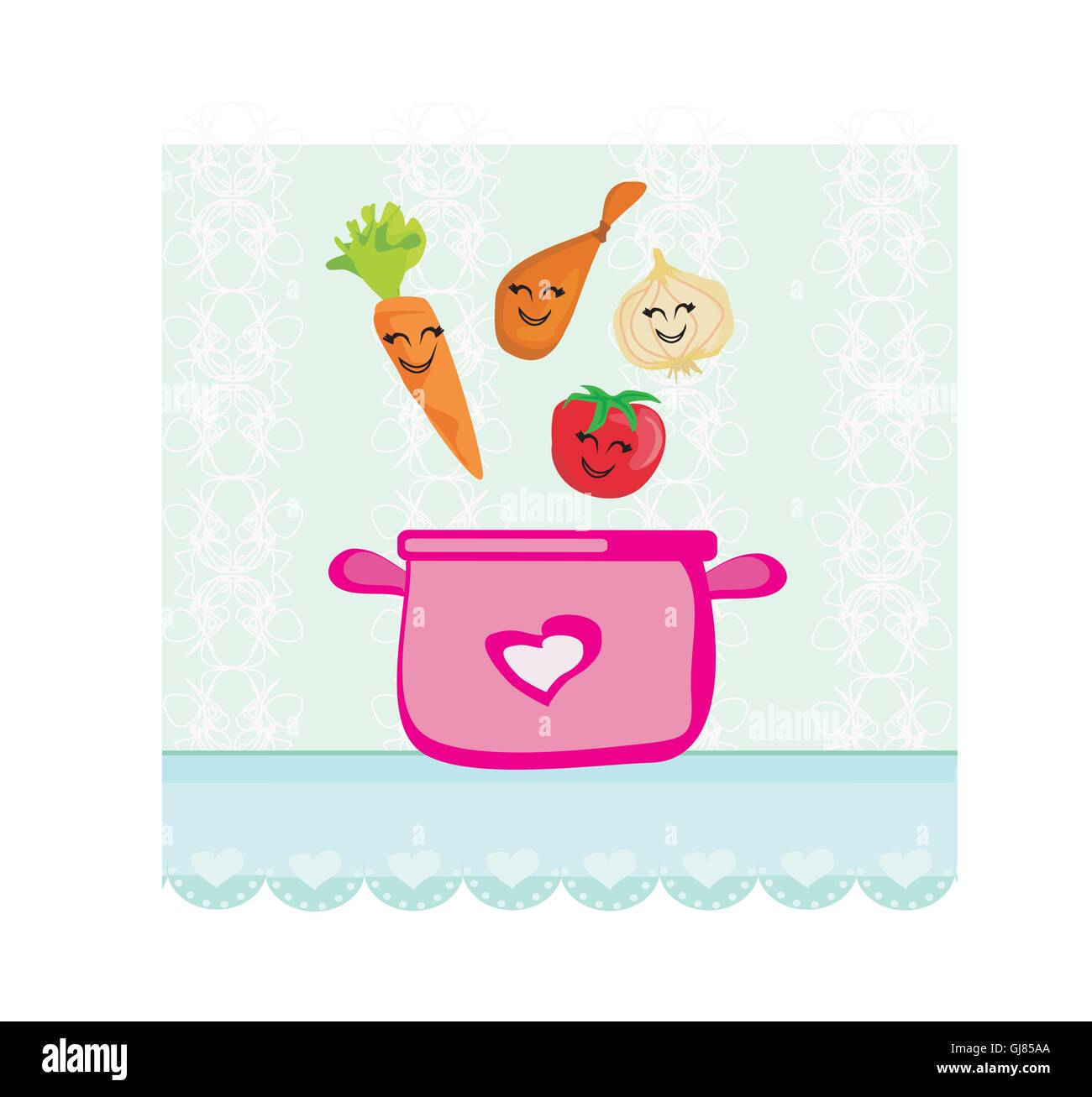 Funny légumes saute dans la soupe Illustration de Vecteur