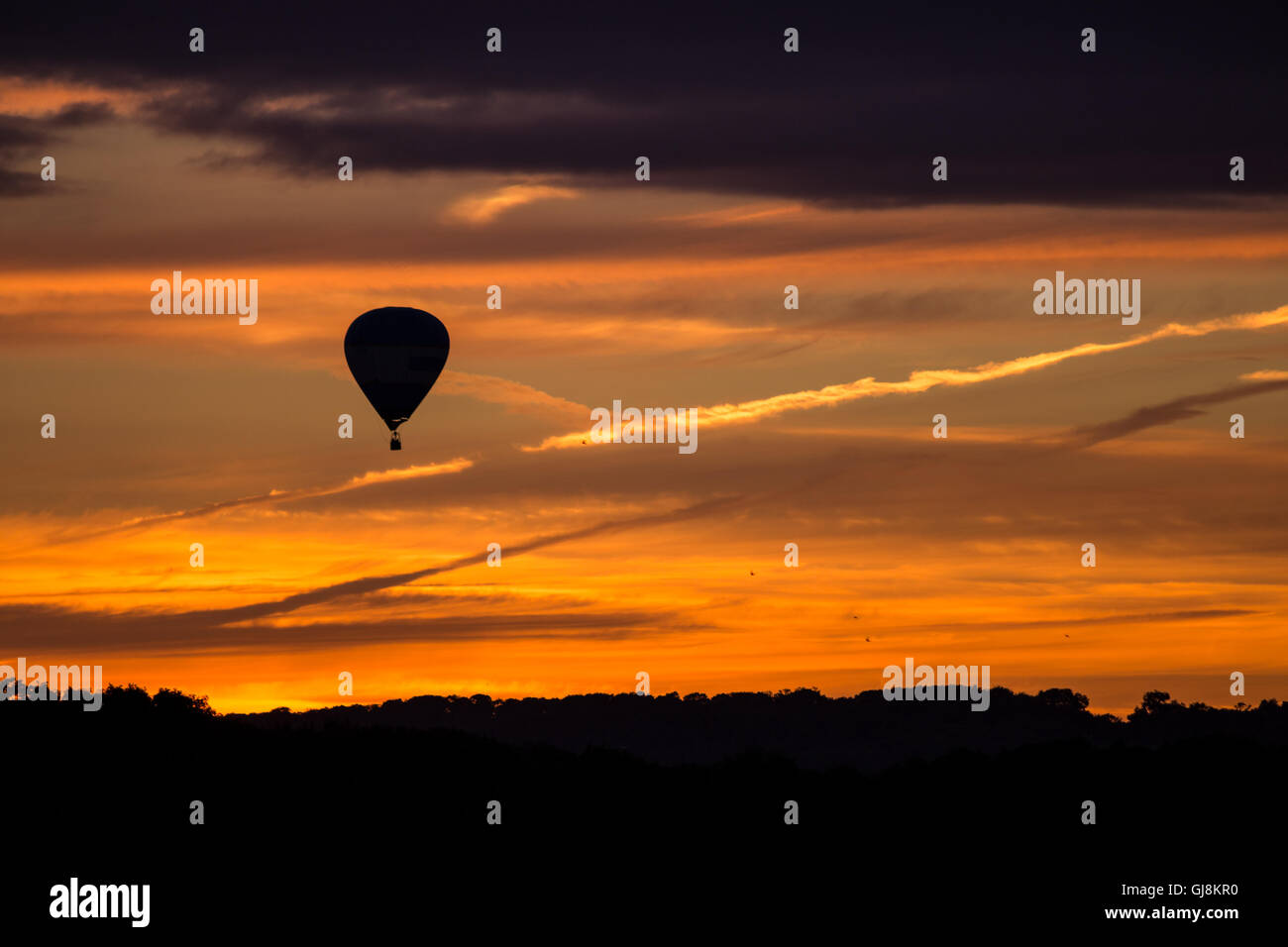 Bristol, Royaume-Uni. 13e Août 2016. L'ascension de la Bristol Balloon Fiesta Festival arrive enfin en cours après des retards en raison des vents violents depuis le jeudi. Un magnifique coucher de soleil a agi comme une toile de fond à plusieurs ballons qui a pris au ciel après les organisateurs du festival ont donné le feu vert pour décoller. Les ballons dérivaient sur la ville de Bristol vers les hameaux de Bitton et Keynsham avant de toucher par champs aléatoires et de parc de nombreux kilomètres de l'Ashton Court site du festival. Credit : Wayne Farrell/Alamy Live News Banque D'Images