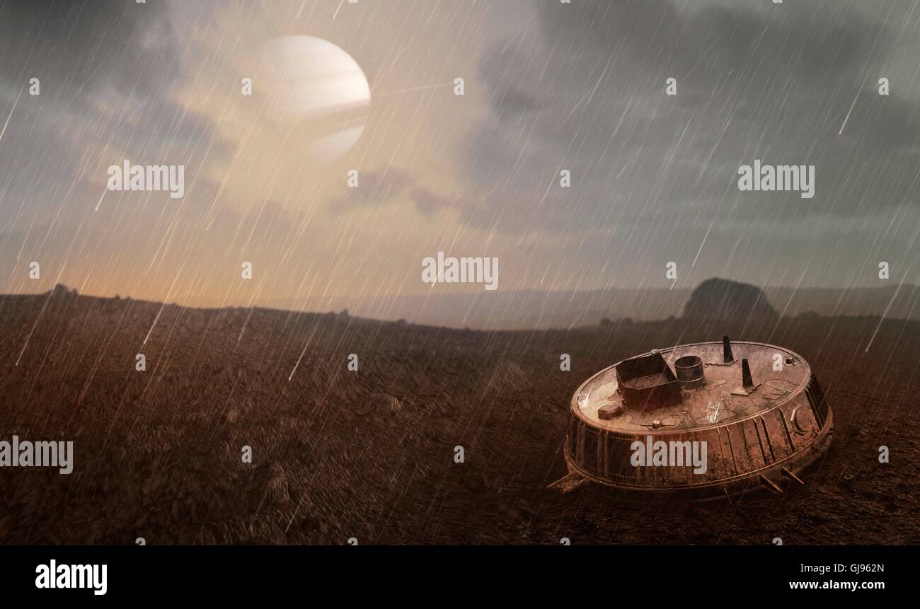 La sonde Huygens sur Titan. Artwork de la sonde Huygens à la surface de Titan, la plus grande lune de la planète Saturne (dans le ciel). Huygens a été conçu pour survivre à un atterrissage sur une surface solide ou liquide, comme la composition de la surface de Titan n'était pas claire. Banque D'Images