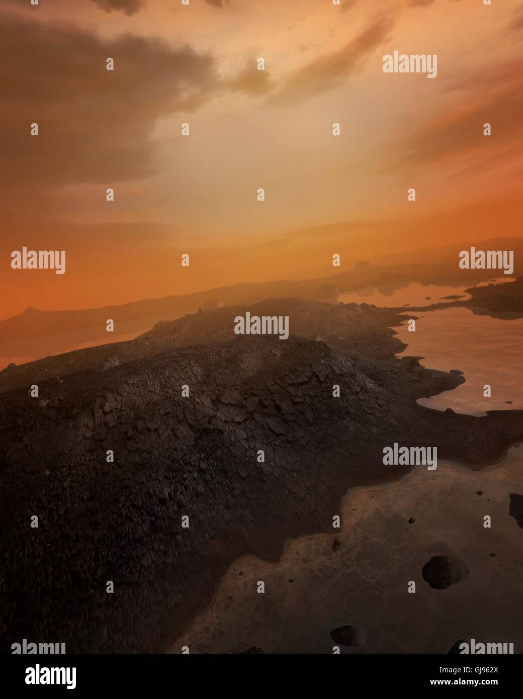 Surface de Titan, l'oeuvre de l'ordinateur. C'est le plus gros satellite de Saturne et la lune seulement d'avoir une planète-comme l'atmosphère. L'atmosphère est composée d'azote et de composés organiques, principalement d'éthane et de méthane, qui lui donnent sa couleur orange distinctive. La surface de Titan est dépeint comme étant couverte dans le méthane liquide, formant des rivières et des océans. On pense que la forme d'hydrocarbures que la lumière du soleil agit sur le méthane dans la haute atmosphère de Titan. Il y a aussi des montagnes, pensé pour être fait de roche et de glace. L'atmosphère de Titan pourrait ressembler à celle de la Terre primitive et pouvaient contenir des indices sur la Banque D'Images