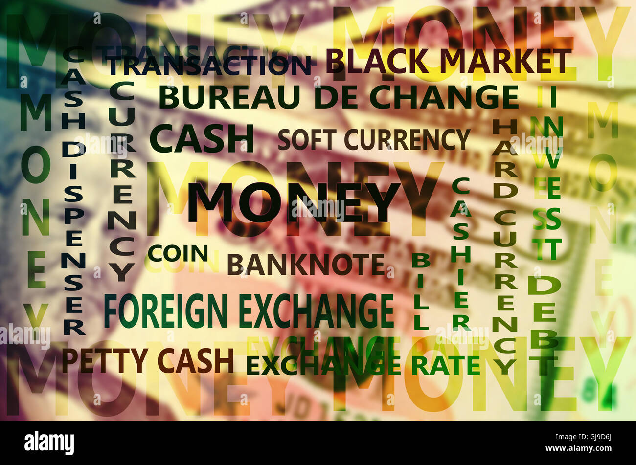 Terme financier essentiel avec en toile de fond de carte des billets de dollars. Banque D'Images