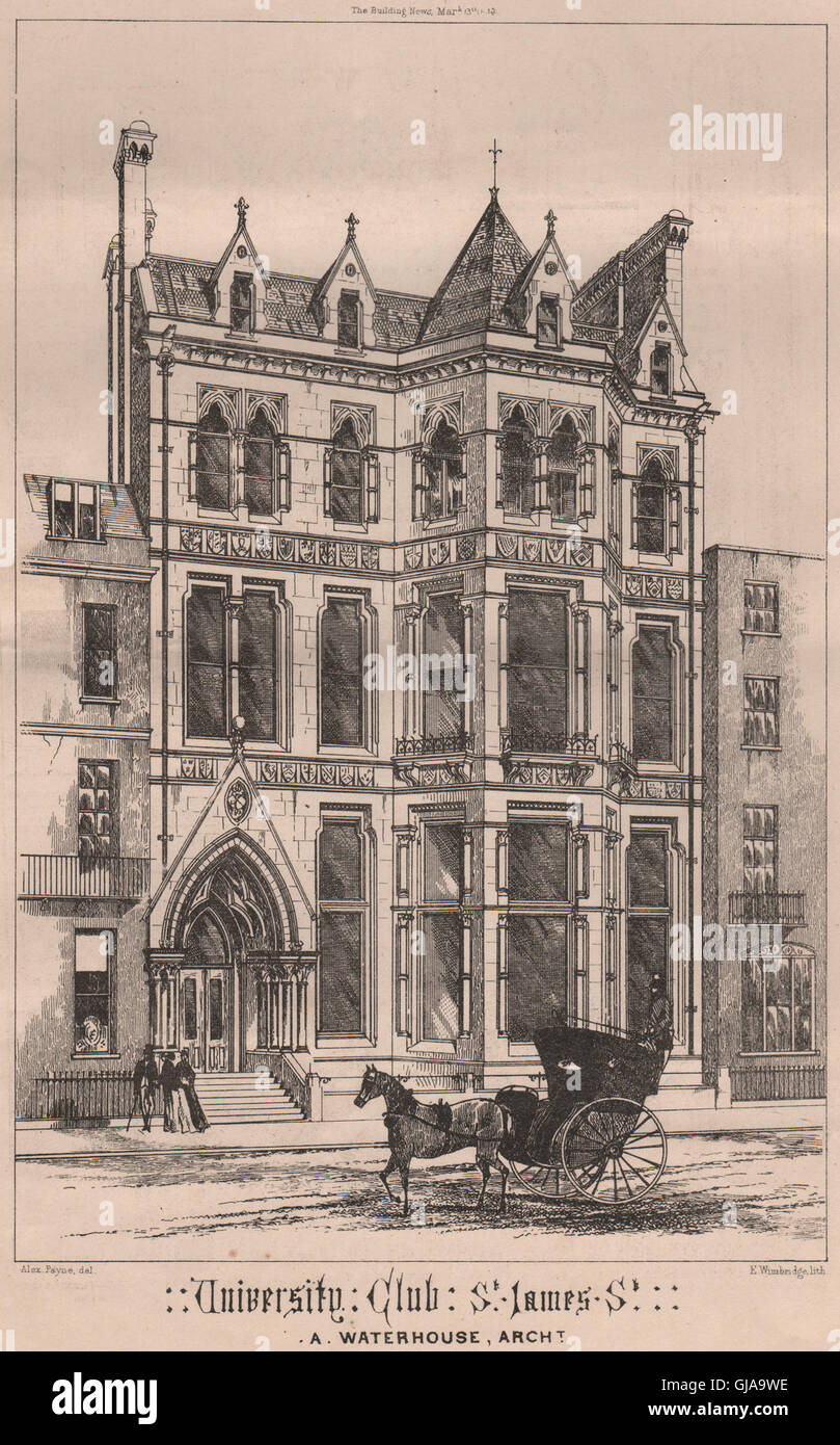 University Club, St James St ; UN Waterhouse, Architecte. Londres, vieux imprimer 1868 Banque D'Images