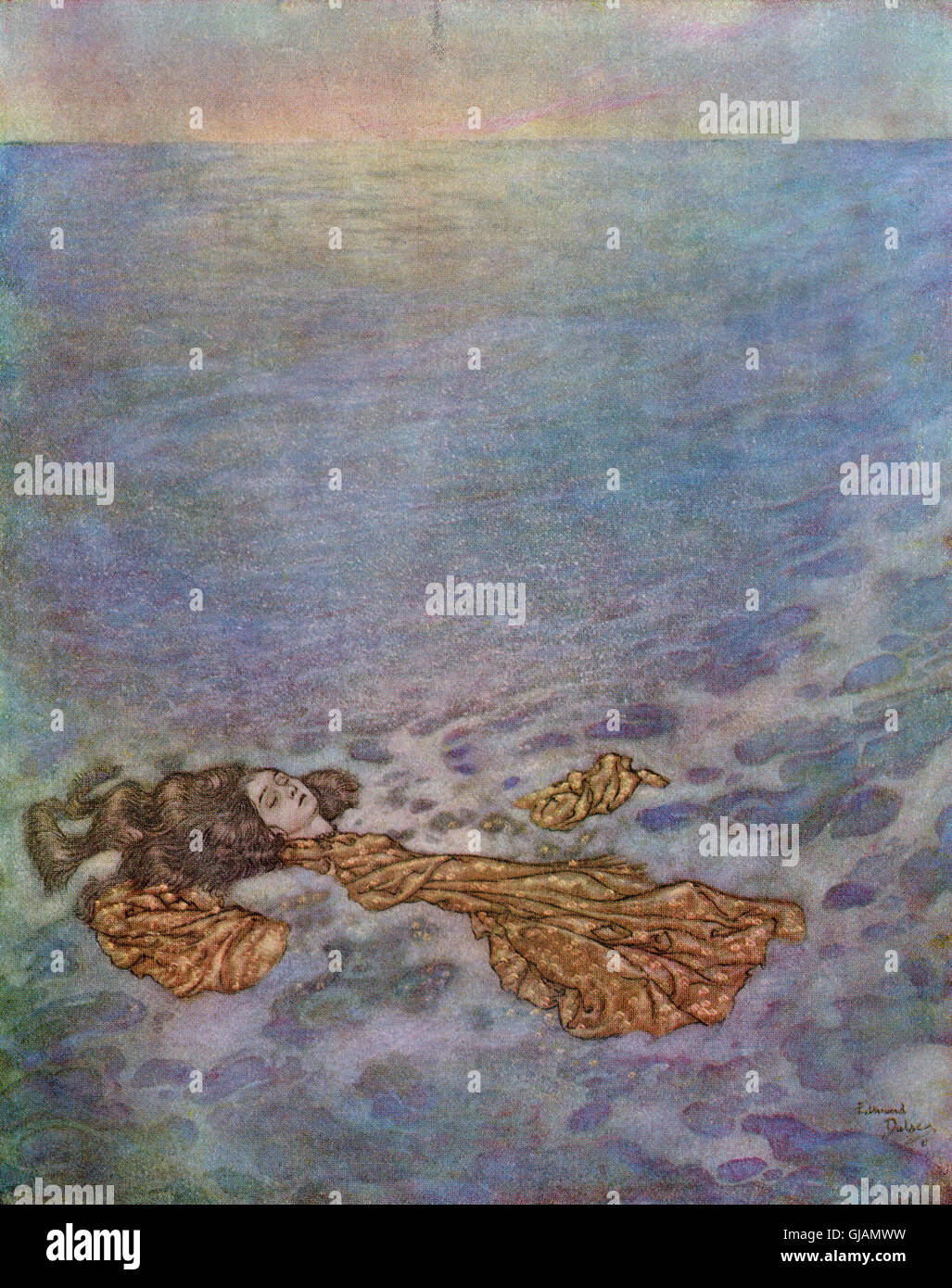 Une fois de plus elle regarda le prince, avec ses yeux déjà grisé par la mort, puis à la mer en pointillés et est tombé, son corps se dissoudre dans de la mousse. Illustration par Edmund Dulac pour la sirène. Banque D'Images