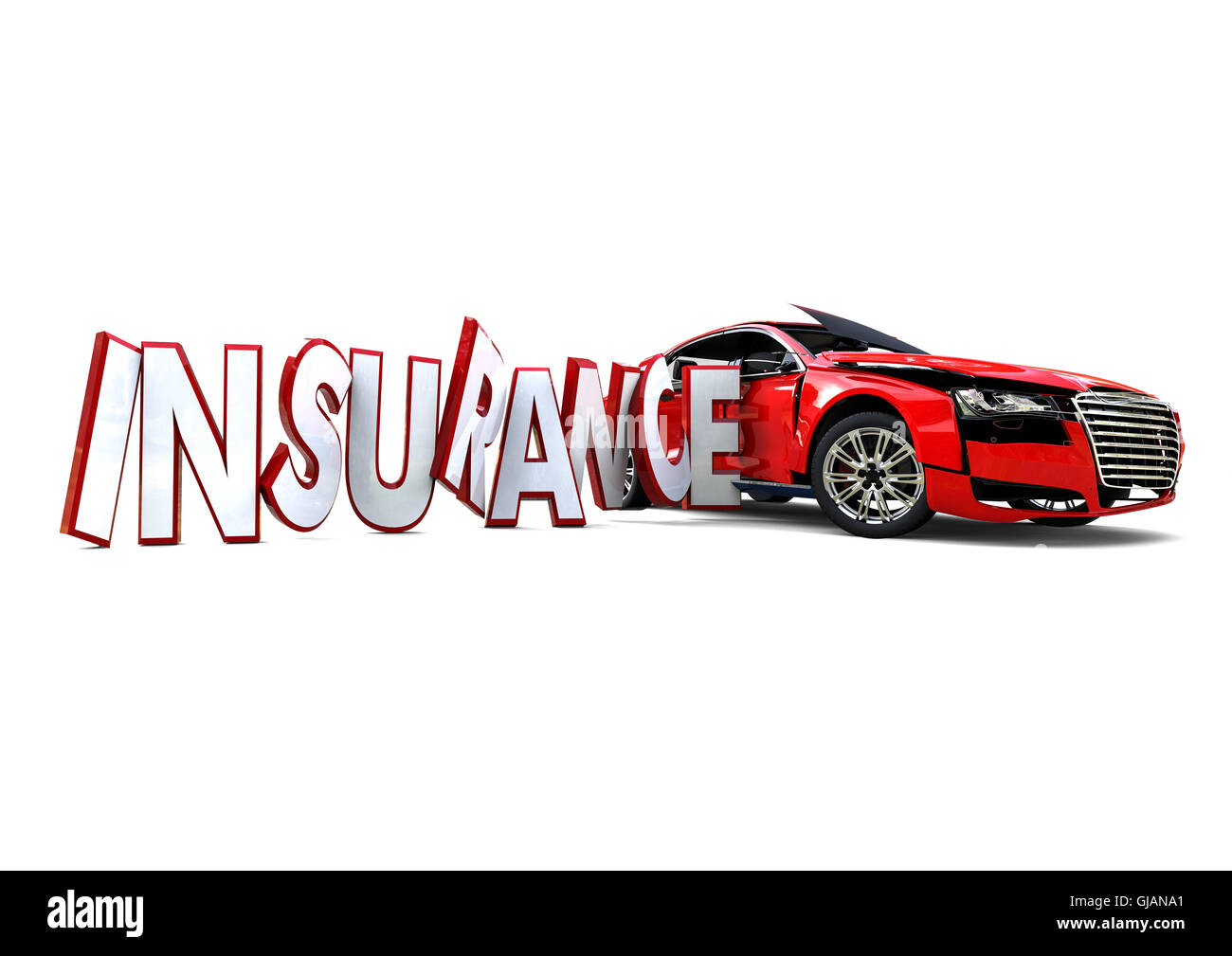 L'image de rendu 3D d'un texte 3D dans l'écrasement d'une voiture concept assurance auto représentant Banque D'Images