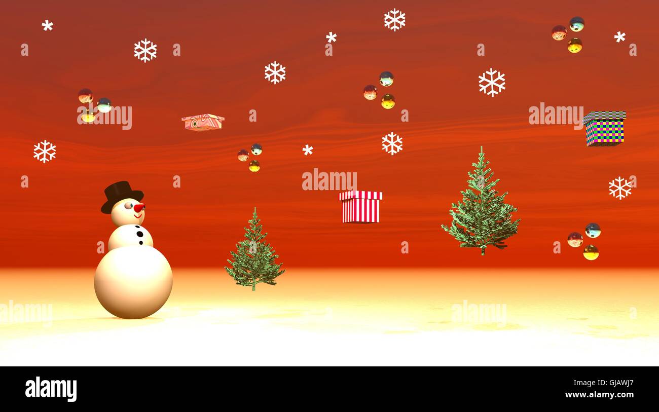 Le Snowman en regardant les cadeaux, sapins et boules de volant dans le ciel Banque D'Images