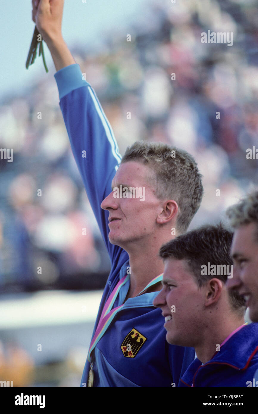 Californie - Los Angeles - 1984 Jeux Olympiques d'été. Men's la natation. Michael Gross, l'Allemagne de l'Ouest, 200 m nage libre, médaille d'or Banque D'Images