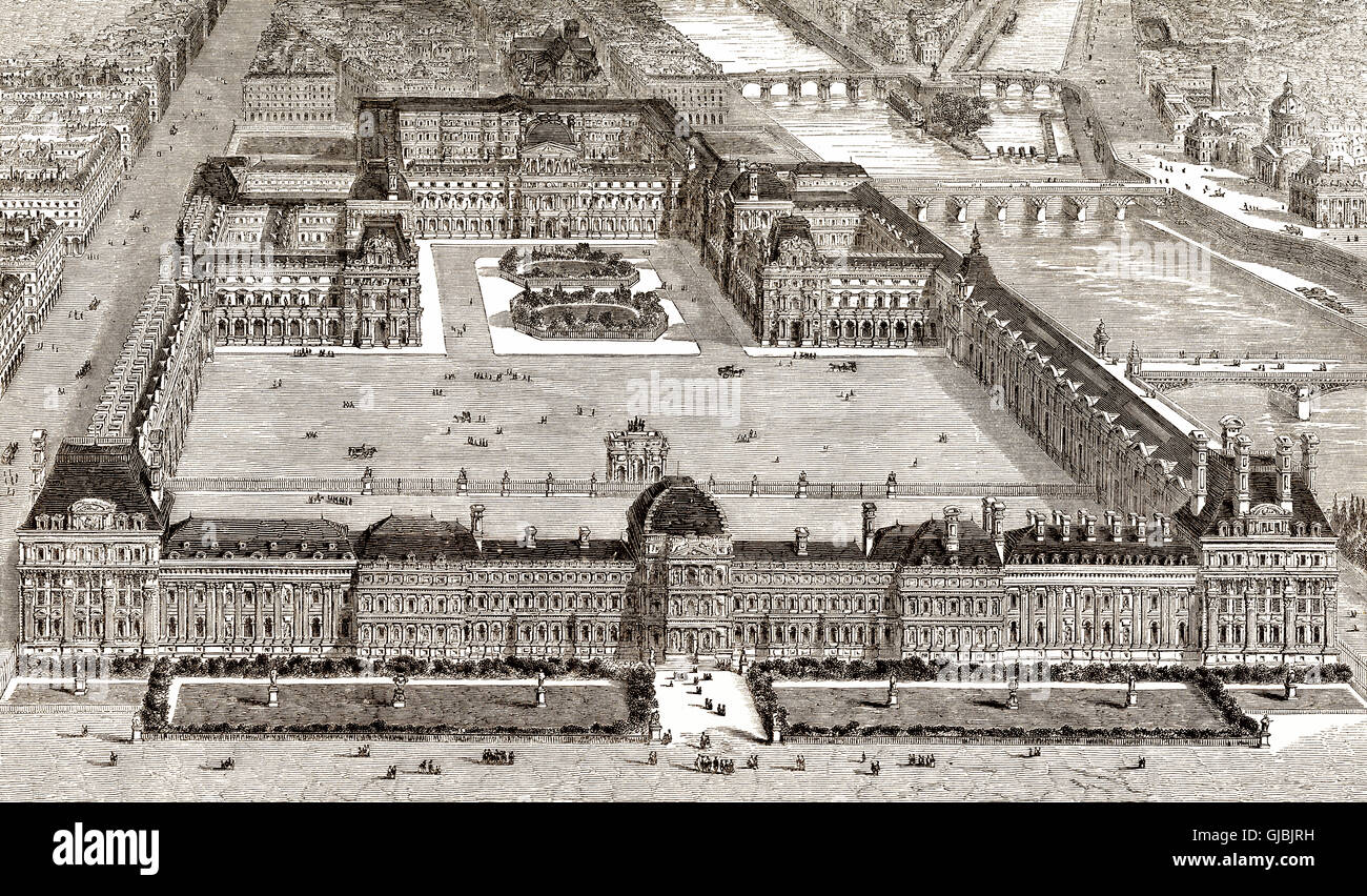 Le palais des Tuileries, jardin des Tuileries et le palais du Louvre, musée et monument historique français, Paris, France, 17e siècle, Banque D'Images