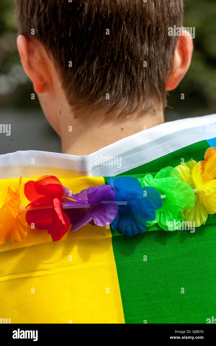 Jeune garçon portant un drapeau LGBT, vue arrière Banque D'Images