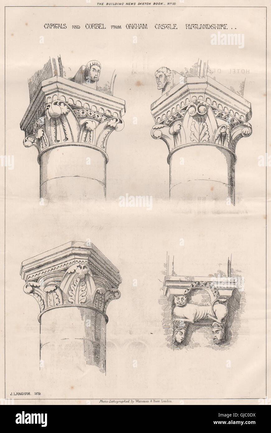 Chapiteaux et Corbel du château d'Oakham, Rutlandshire, antique print 1871 Banque D'Images