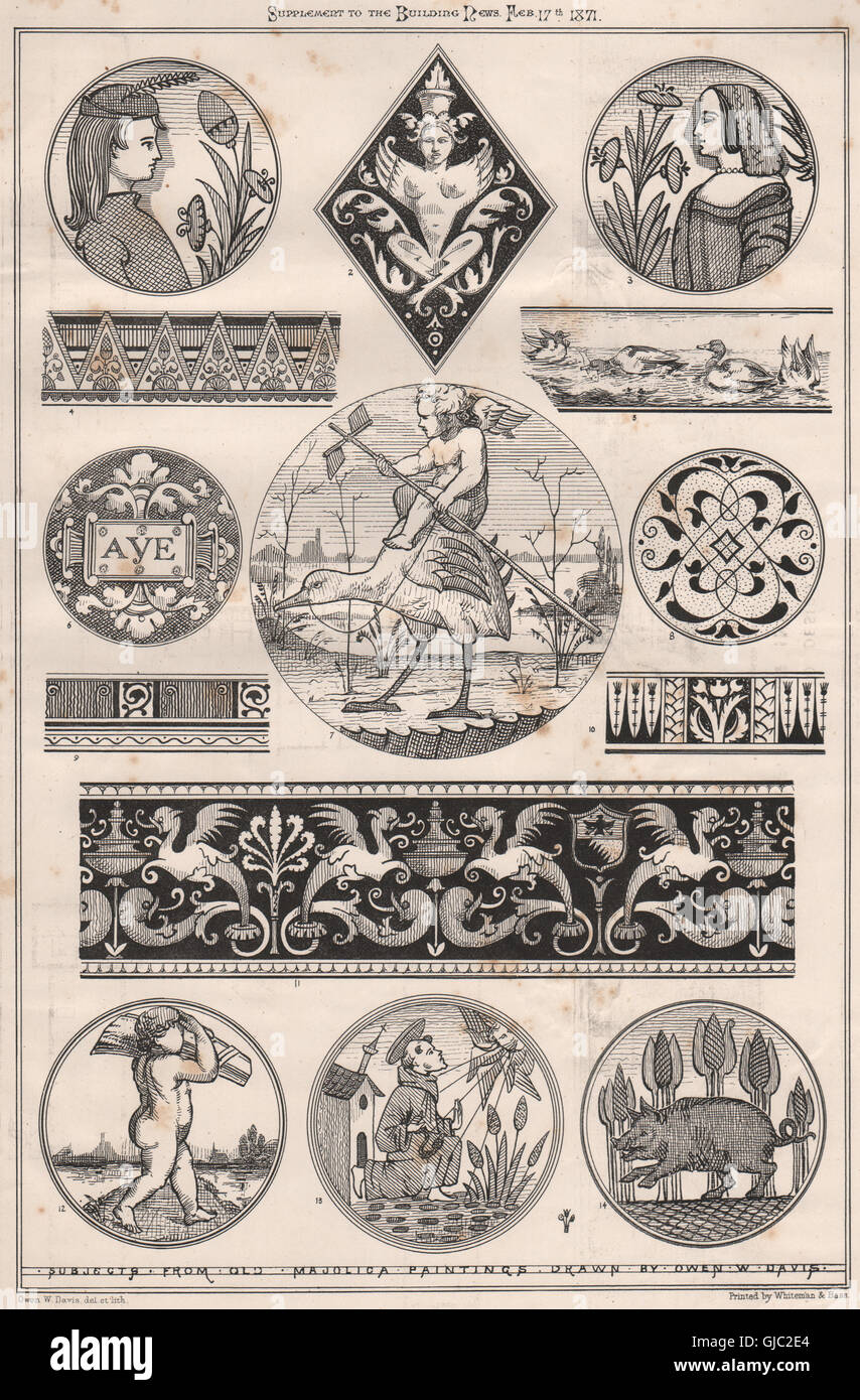 Les sociétés sises à partir de vieilles peintures de majolique Owen W. Davis. Impression décorative, 1871 Banque D'Images