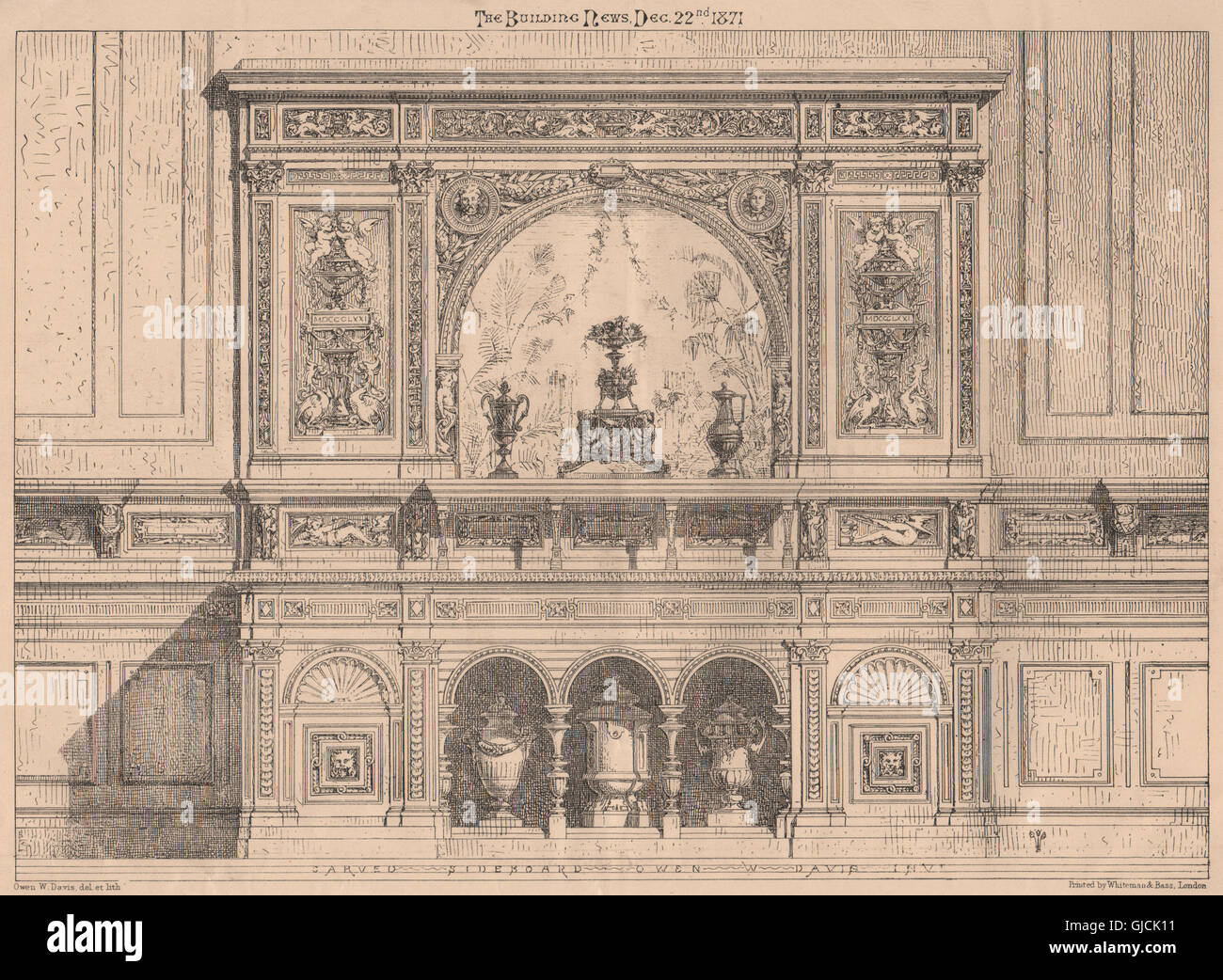 Dressoir sculpté. Owen W. Davis invités. Antique print 1871, décoration Banque D'Images