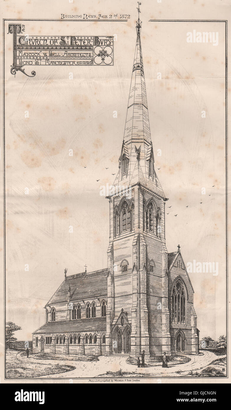 Église Saint Pierre, Bury Maycock & Bell Architectes (2), antique print 1872 Banque D'Images