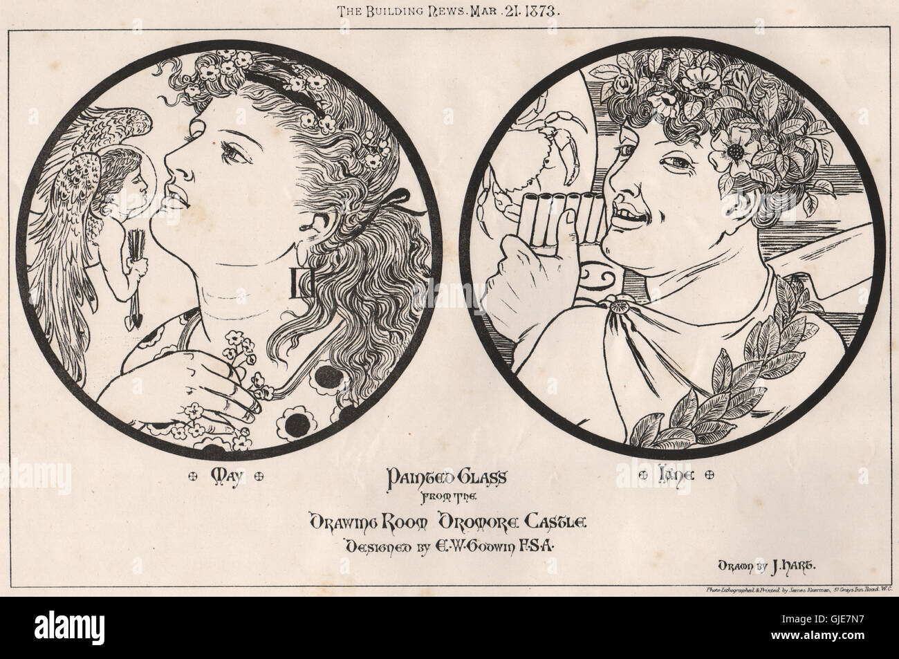 Verre peint, salle de dessin, Dromore Castle ; design by E.W. Godwin, l'Irlande, 1873 Banque D'Images