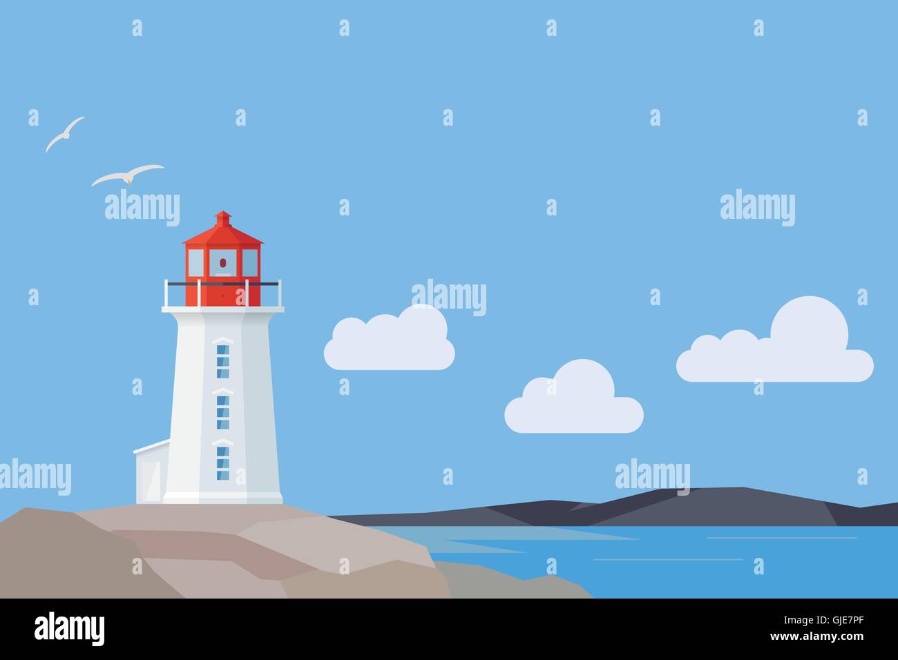 Le phare de Peggy's Cove en Nouvelle-Écosse et paysage, télévision style design Illustration de Vecteur