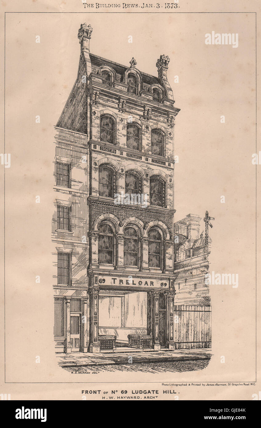 L'avant du n° 69 Ludgate Hill ; H.W. Hayward, Architecte. Londres, vieux imprimer 1873 Banque D'Images