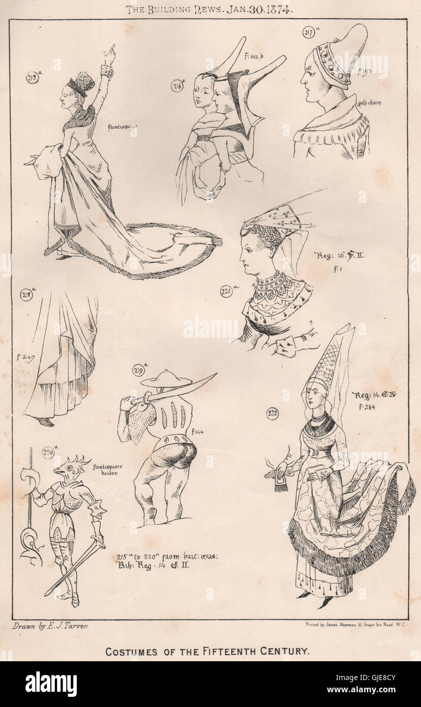Costumes du xve siècle, antique print 1874 Banque D'Images