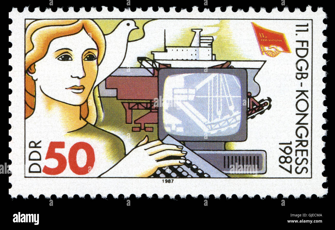 Le timbre DDR 1987 MiNr 3087 célèbre l'histoire de l'Allemagne de l'est, avec des dessins liés à des personnalités et événements notables de l'évolution politique et culturelle du pays. Banque D'Images