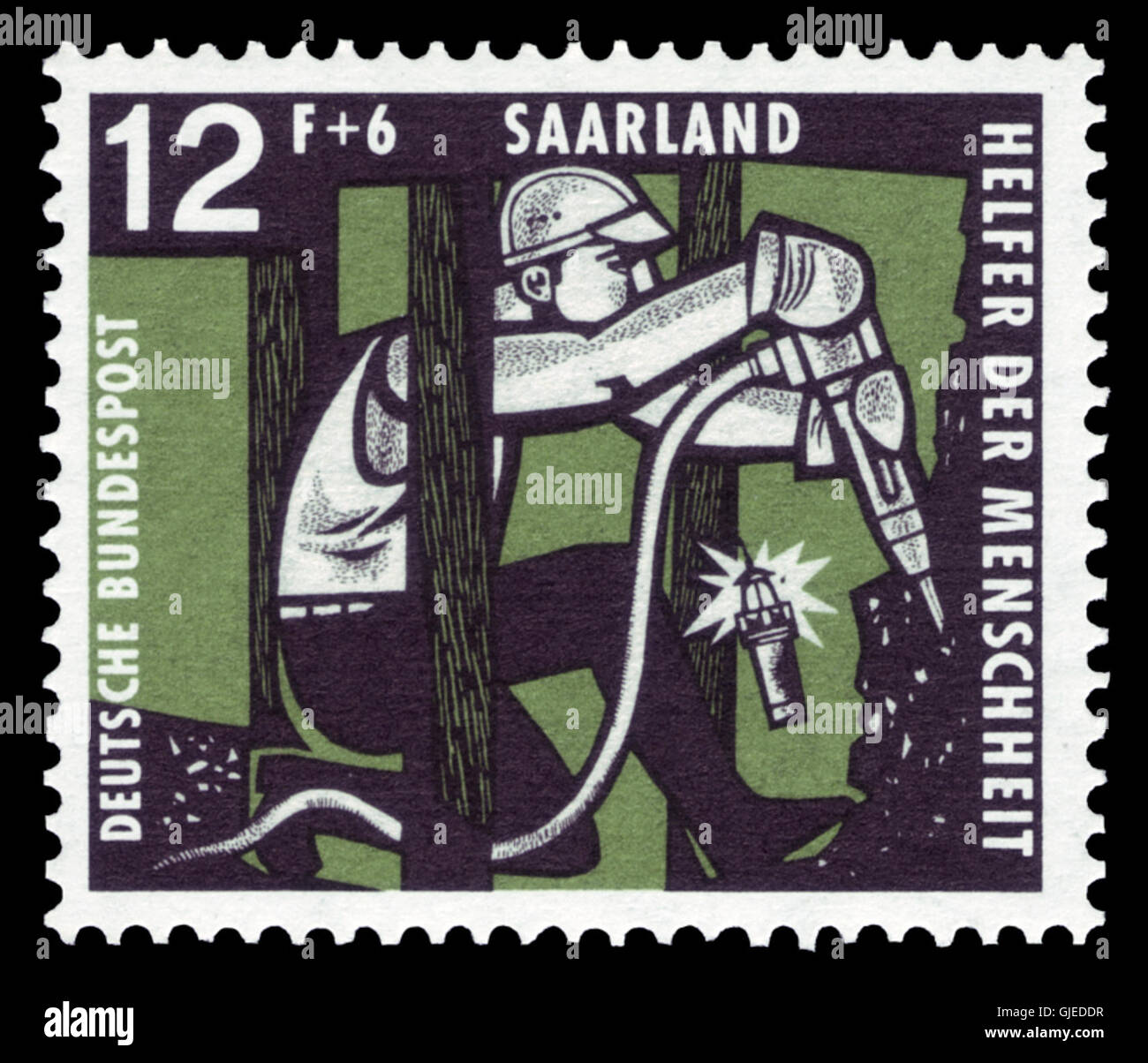 Le timbre DBPSL 1957 405 Wohlfahrt Kohlebergbau commémore l'industrie houillère et son rôle dans la reprise de l'Allemagne après-guerre. Le timbre souligne l'importance du secteur dans la reconstruction de l'économie. Banque D'Images