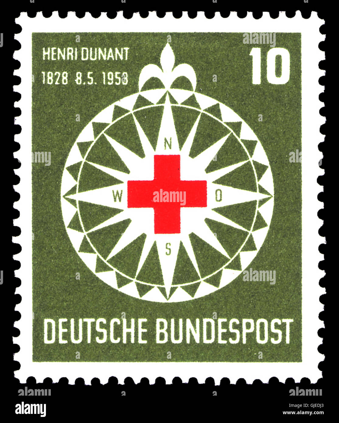 Le timbre à 164 DBP à 1953 commémore Henri Dunant, le fondateur de la Croix-Rouge. Émis par Deutsche Bundespost, ce timbre rend hommage à ses contributions humanitaires et à son héritage. Banque D'Images