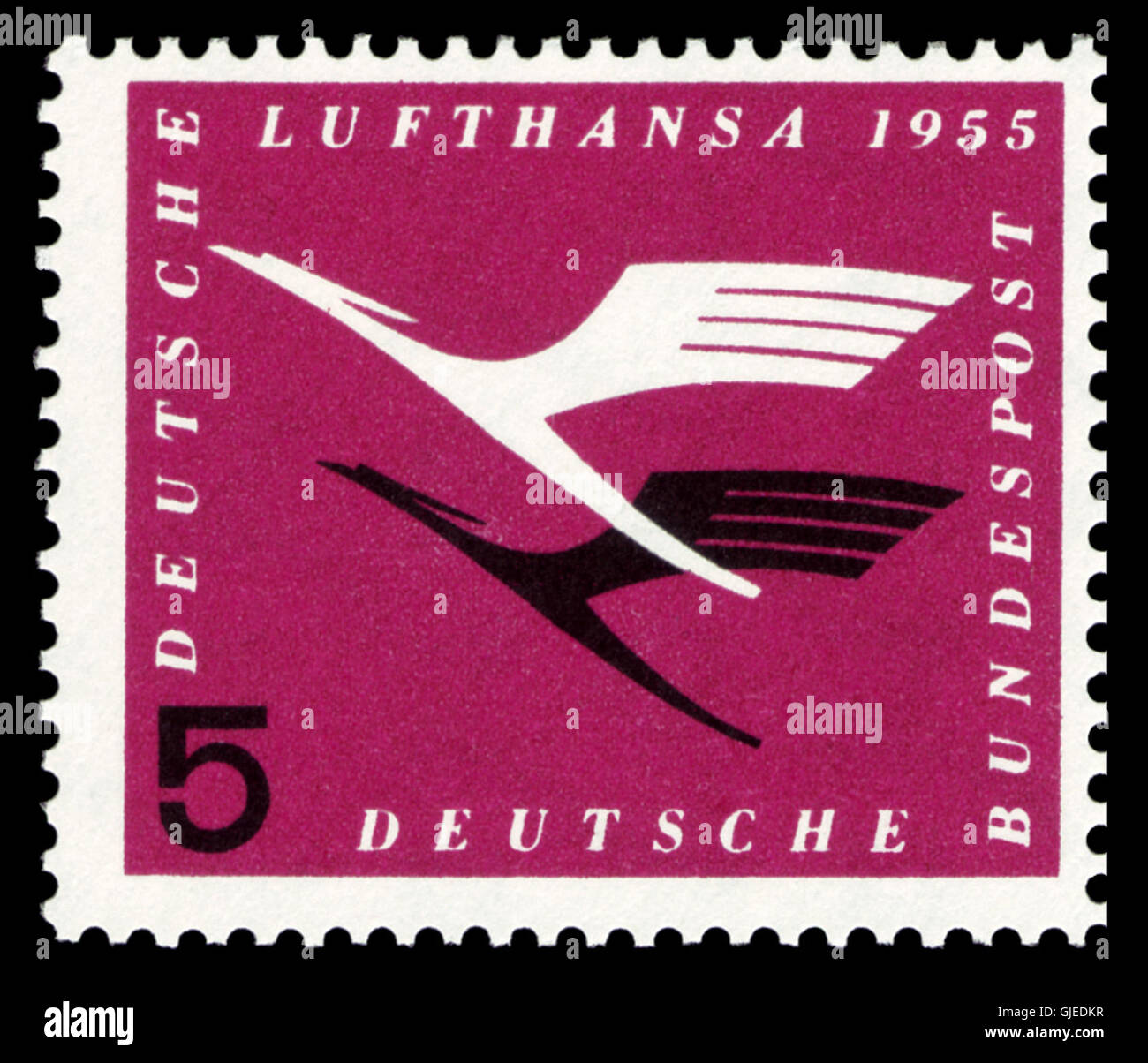 Le timbre 1955 DBP 205 Lufthansa commémore la compagnie aérienne allemande Lufthansa et ses contributions à l'industrie aéronautique. Il a été publié par Deutsche Bundespost pour marquer l'importance du transport aérien et son rôle dans la reprise de l'Allemagne après-guerre. Banque D'Images