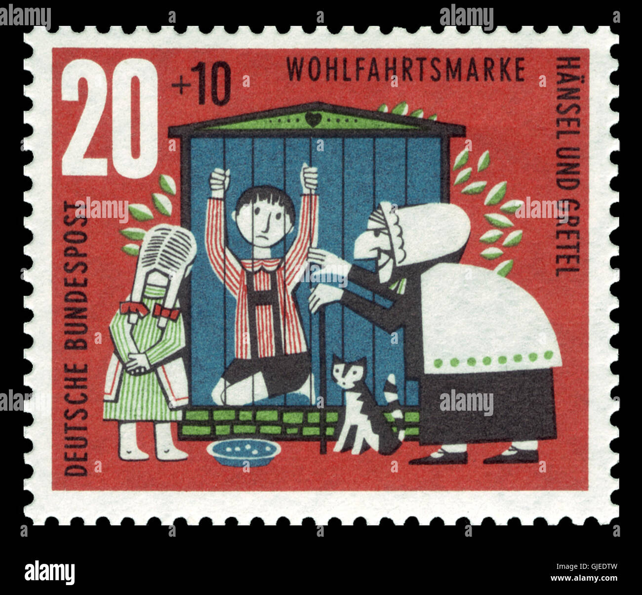 Le timbre DBP 1961 371 Wohlfahrt représente une illustration du célèbre conte de fées allemand 'Hänsel und Gretel'. Il fait partie d'une série promouvant le bien-être et la charité en Allemagne. Banque D'Images