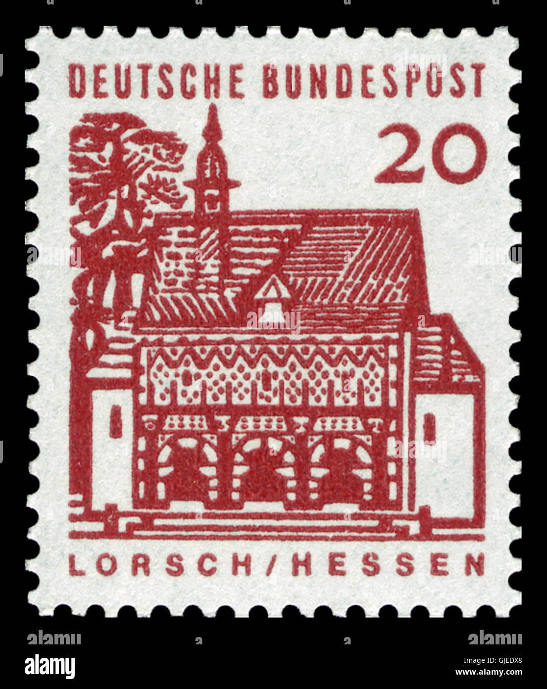 Le timbre DBP 1964 456 Bauwerke Torhalle Lorsch représente le Torhalle, un bâtiment historique à Lorsch, en Allemagne. Il a été publié en 1964 dans le cadre d'une série commémorant l'importante architecture allemande. Banque D'Images