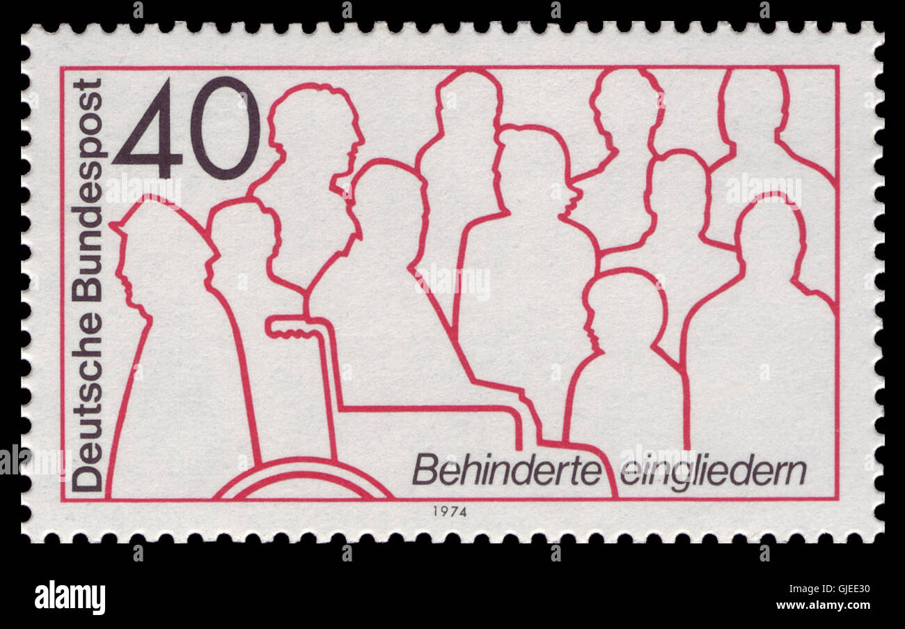 Le timbre DBP 1974 796 Rehabilitation Behinderter a été émis en Allemagne pour sensibiliser à la réadaptation des personnes handicapées. Il faisait partie d'une série de travaux visant à reconnaître les causes sociales et les efforts humanitaires. Banque D'Images