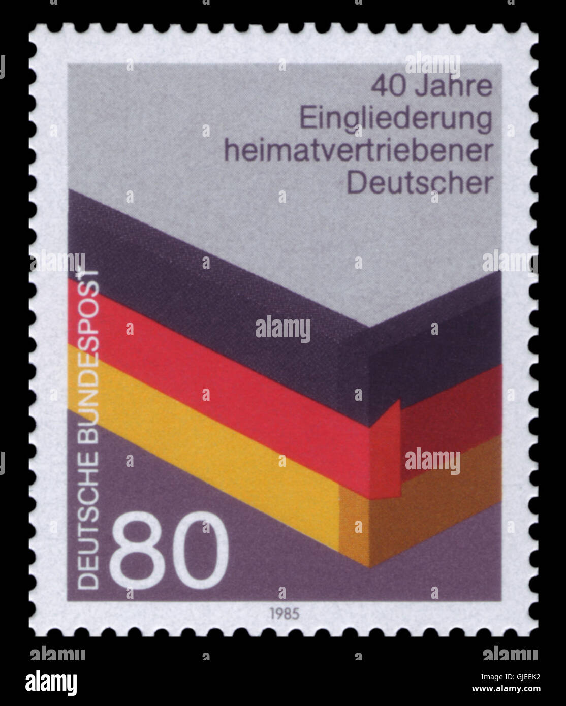 Le timbre à 1265 DBP à 1985 commémore l'intégration des Allemands de souche déplacés après la seconde Guerre mondiale, marquant un événement historique important dans l'Allemagne d'après-guerre. Banque D'Images