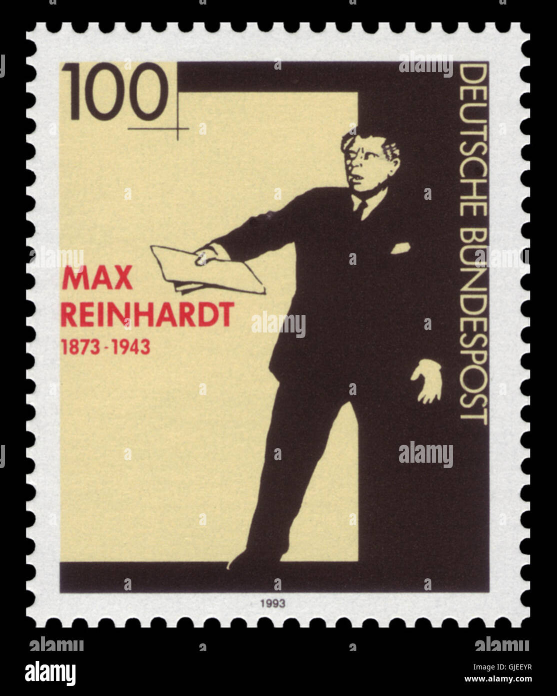 Le timbre à 1703 DBP à 1993 commémore la vie et l'œuvre de Max Reinhardt, figure influente du théâtre allemand. Il marque ses contributions à la culture et aux art. Banque D'Images