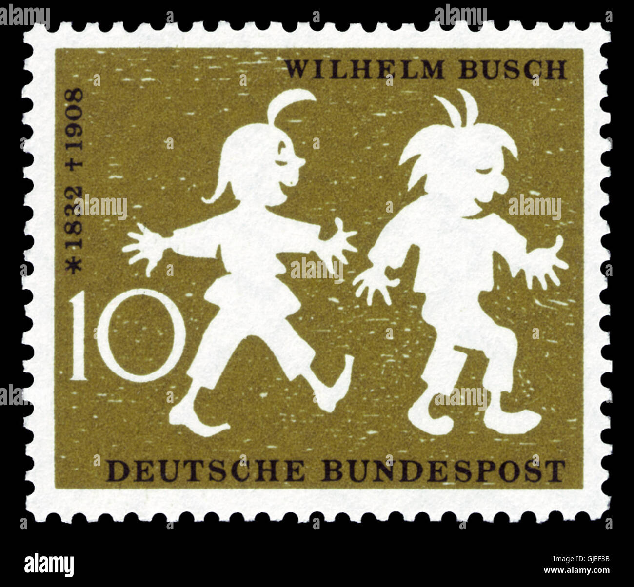 Le DBP 50. Le timbre Todestag Wilhelm Busch à 10 Pfennig de 1958 commémore le 50ème anniversaire de la mort de Wilhelm Busch. Le timbre honore l'artiste et illustrateur allemand. Banque D'Images