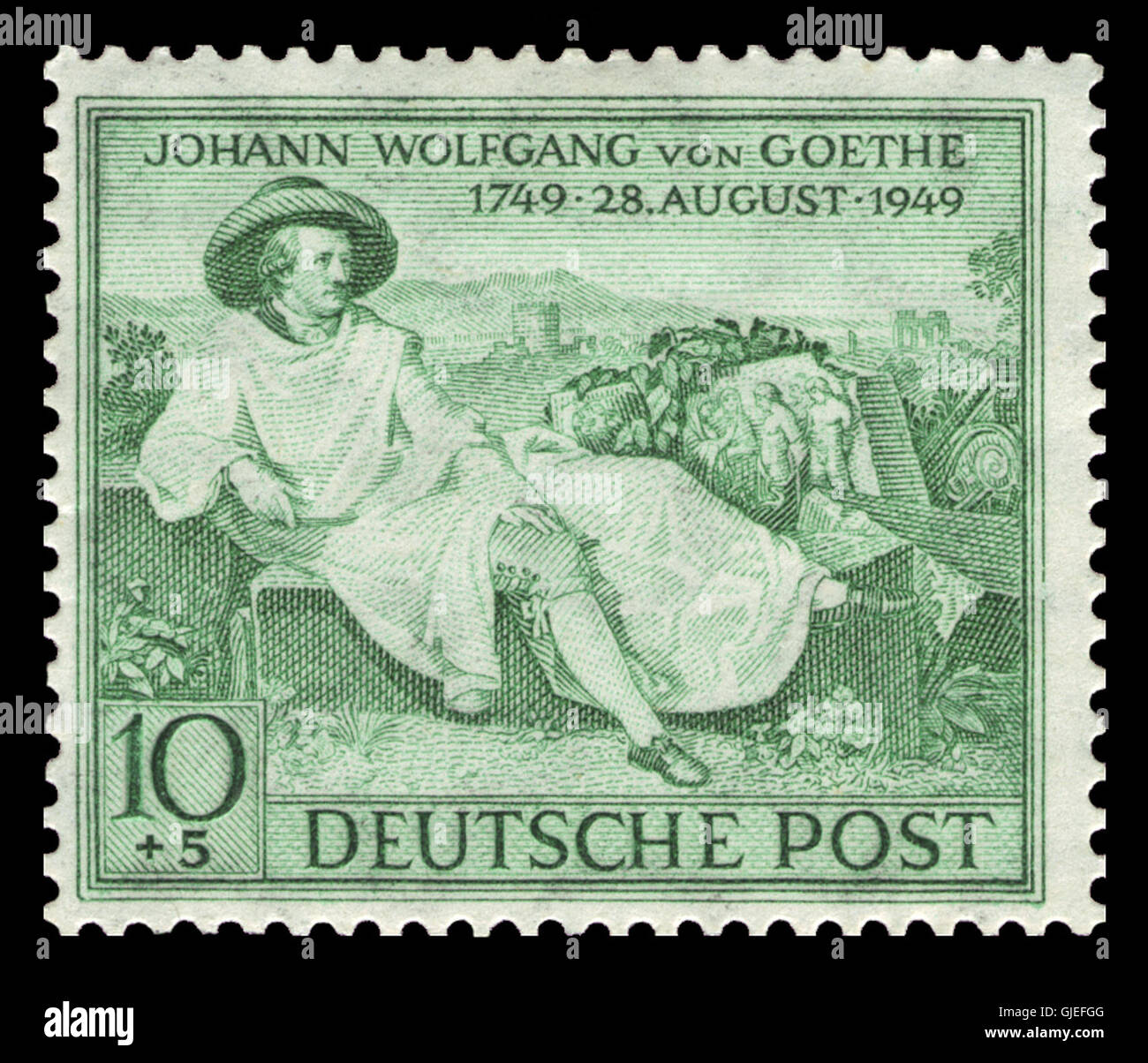 Le timbre 1949 Bi zone 108 rend hommage à Johann Wolfgang von Goethe, écrivain allemand de renom. Il faisait partie d'une série émise dans les zones allemandes d'après-guerre pour célébrer des personnalités importantes de la culture et de l'histoire allemandes. Banque D'Images