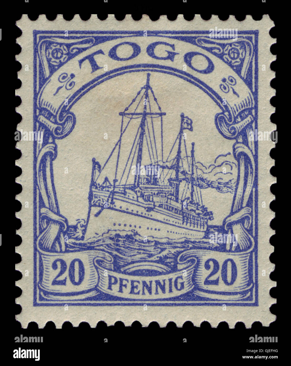 Le timbre d-Togo 1900 10 a été émis pendant la période où le Togo était sous domination coloniale allemande. Il présente les éléments de conception typiques utilisés pour les colonies allemandes en Afrique à l'époque. Banque D'Images