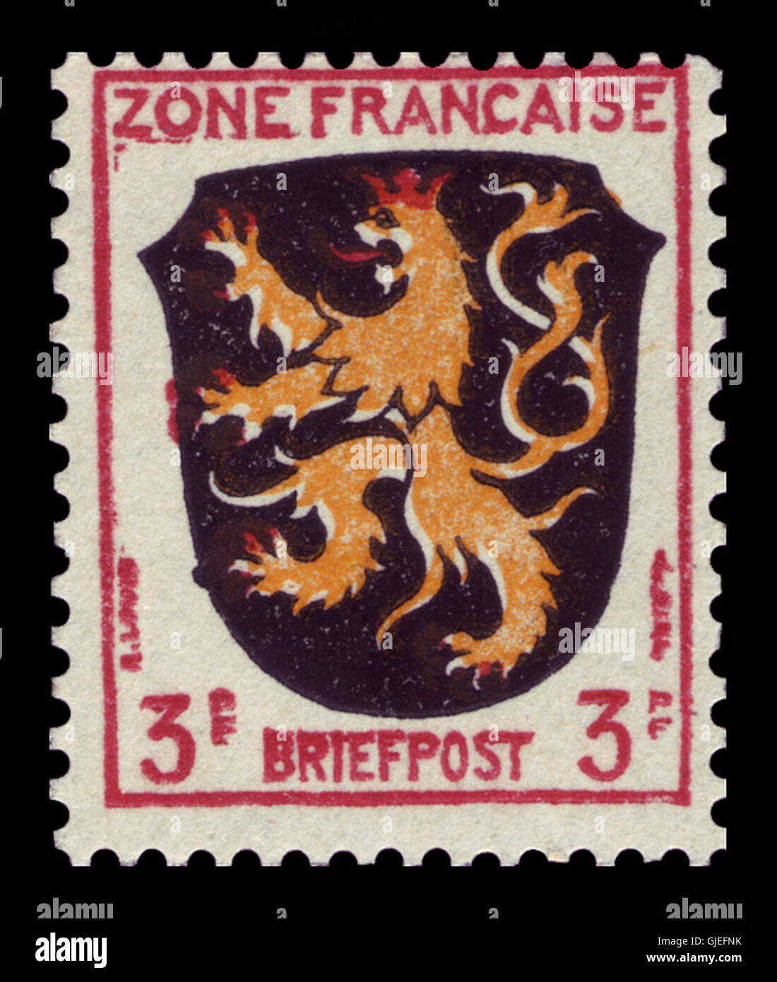 Le timbre Wappen Pfalz 1945 FR. Zone 2 a été émis dans la zone d'occupation française de l'Allemagne post-seconde Guerre mondiale. Il arbore les armoiries de Pfalz et fait partie d'une série marquant la reconstruction de la région d'après-guerre. Banque D'Images