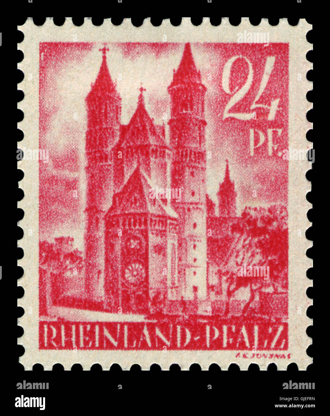 Émis en 1947, ce timbre de la zone française Rhénanie-Palatinat représente la cathédrale Dom in Worms. Il est utilisé pour l'affranchissement et porte un TAD. Banque D'Images