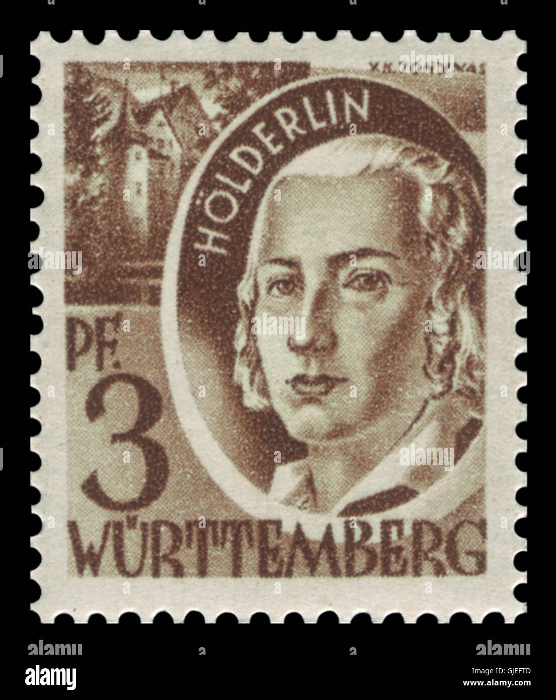 Le timbre à 1947 FR. Zone Württemberg 02 représente Friedrich Hölderlin, un éminent poète allemand. Ce timbre a été émis dans la zone d'occupation française après la seconde Guerre mondiale, mettant en évidence des figures littéraires de la reconstruction de l'Allemagne d'après-guerre. Banque D'Images