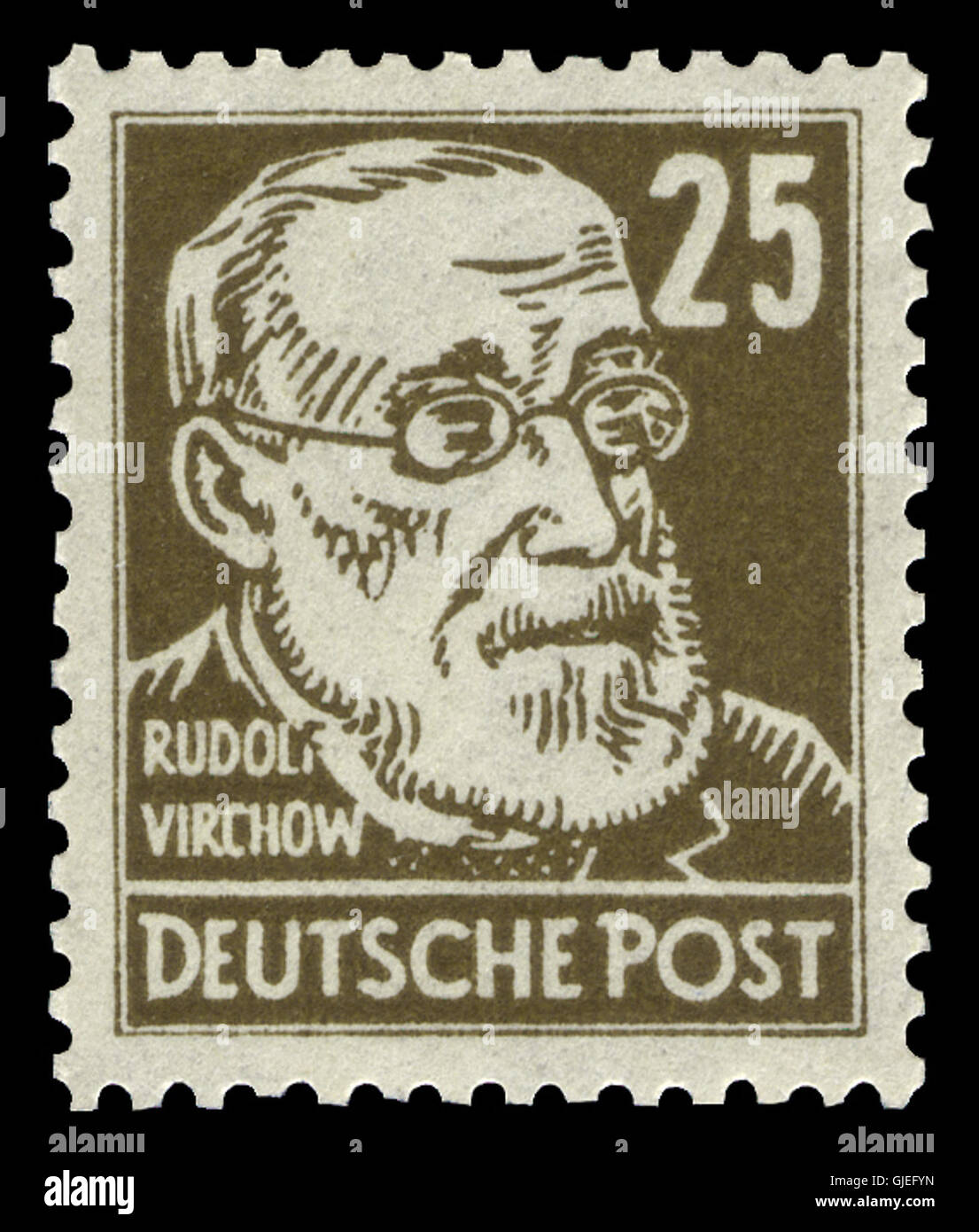 Le timbre SBZ à 1948 221 rend hommage au médecin allemand Rudolf Virchow, connu pour ses contributions à la médecine et à la santé publique. Le timbre a été émis dans la zone d'occupation soviétique après la seconde Guerre mondiale dans le cadre d'une série reconnaissant des personnalités influentes de l'histoire allemande. Banque D'Images