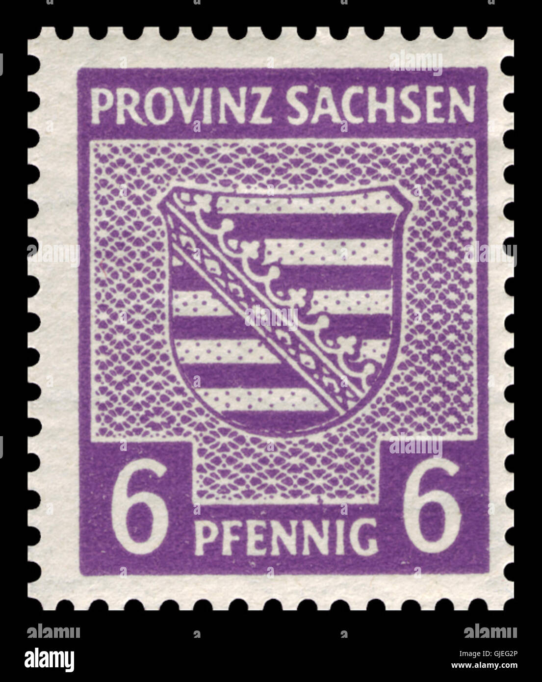 Le timbre SBZ Provinz Sachsen 1945 76 Wappen a été émis après la seconde Guerre mondiale dans la zone d'occupation soviétique. Il présente les armoiries (Wappen) de Saxe et a été utilisé dans l'après-guerre. Banque D'Images