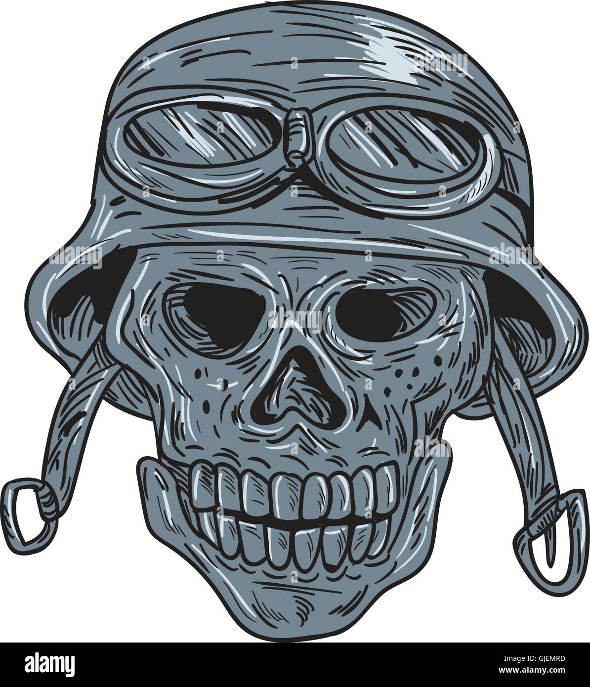 Croquis dessin illustration d'un style biker crâne portant casque vu de l'avant ensemble isolées sur fond blanc. Illustration de Vecteur