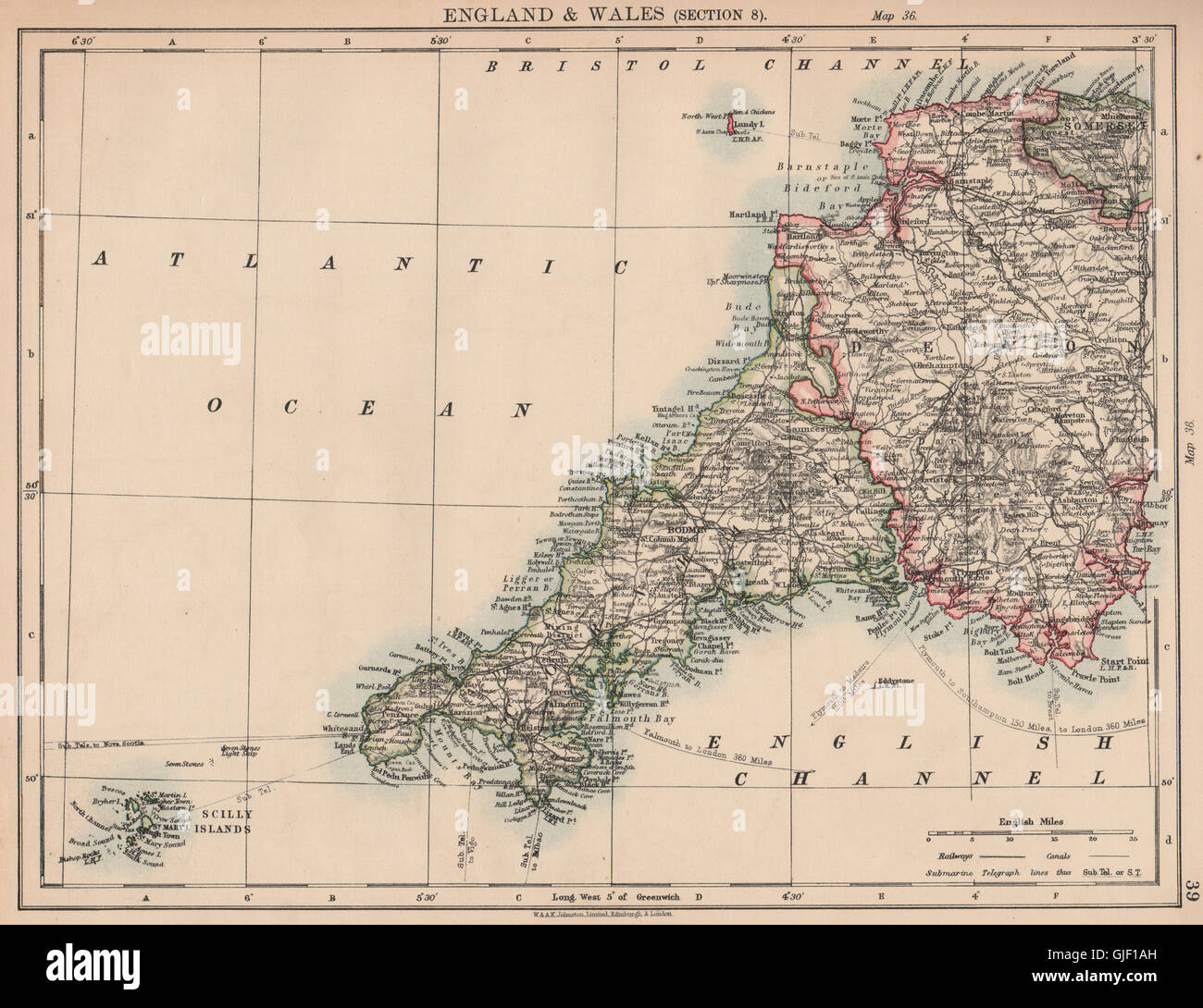 Le sud-ouest de l'Angleterre. Cornwall Devon Îles Scilly. JOHNSTON, 1906 carte antique Banque D'Images