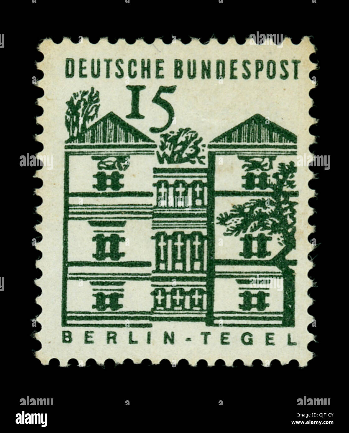 Le timbre Deutsche Bundespost 15 Pfennig, émis dans le cadre de la série 'Deutsche Bauwerke', présente un design architectural mettant en valeur les bâtiments historiques de l'Allemagne. Il a été publié pour promouvoir le patrimoine national et les services postaux. Banque D'Images